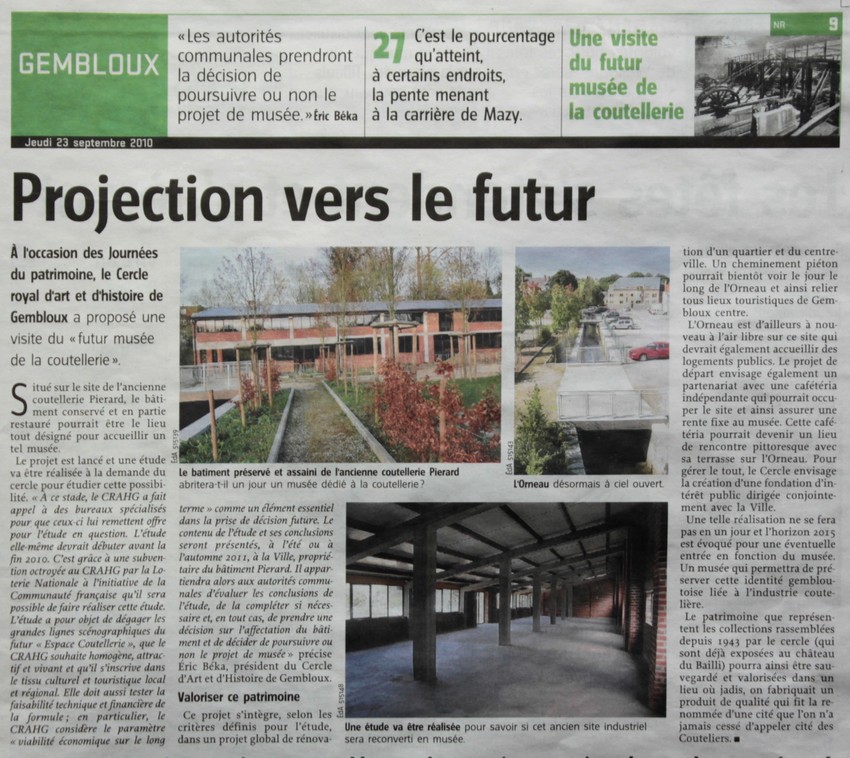 coupure de l'Avenir relatant les projets cc le bâtiment de l'ancienne coutellerie Piérard